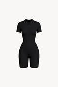 Quarter-Zip Short Sleeve Romper - Black