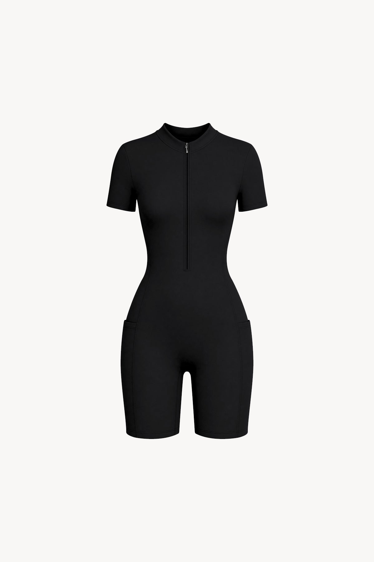 Quarter-Zip Short Sleeve Romper - Black