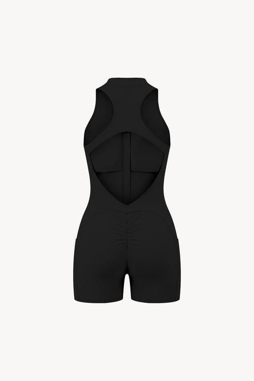 Quarter-Zip Yoga Romper - Black