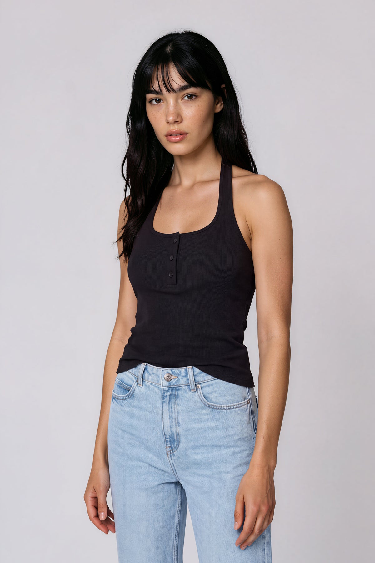 Ribbed Henley Tank Top - Black