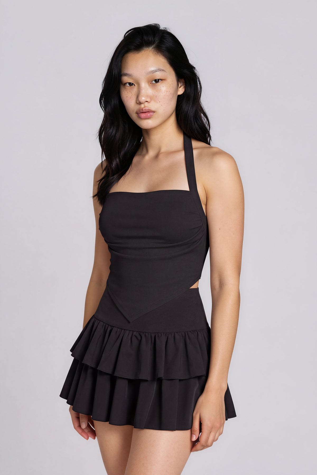 Ruched Halter Neck Yoga Tank Top - Black