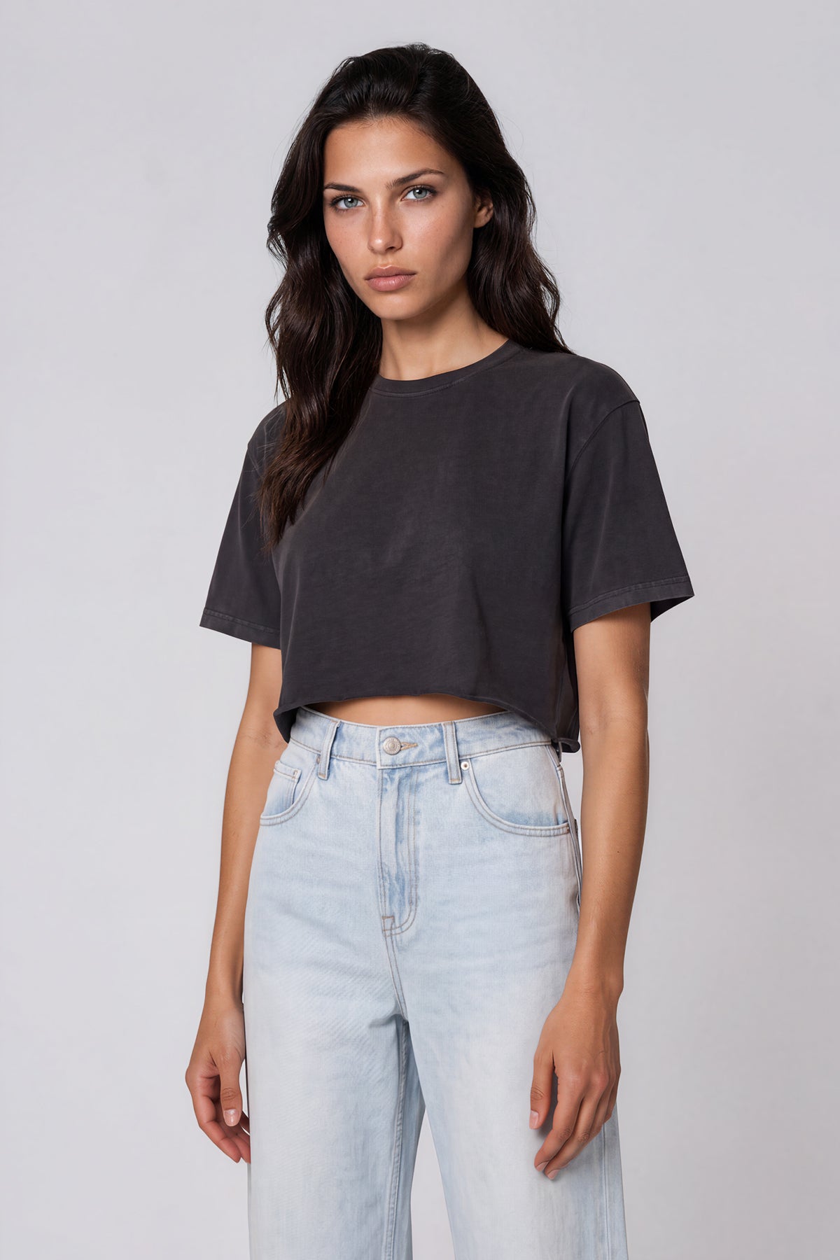 Snow Washed Raw Edge Crop Top - Black
