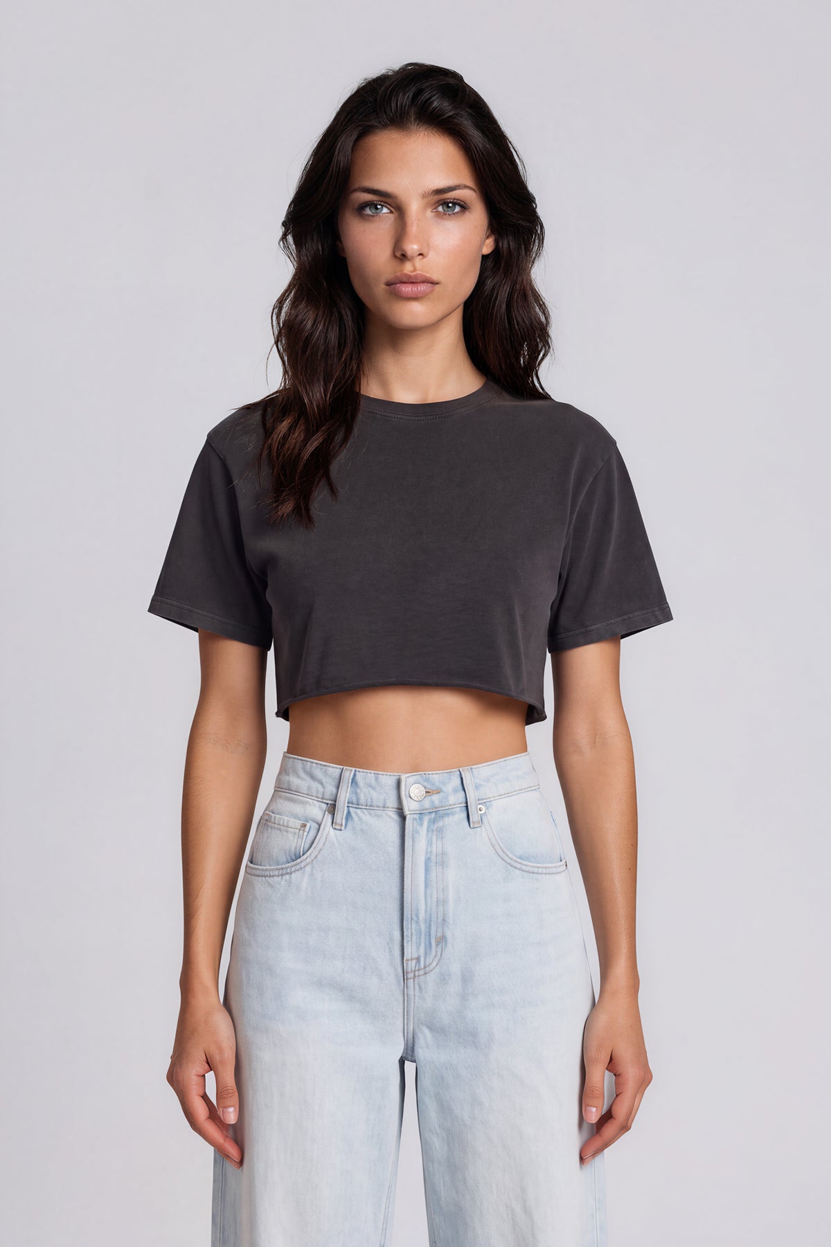 Snow Washed Raw Edge Crop Top - Black