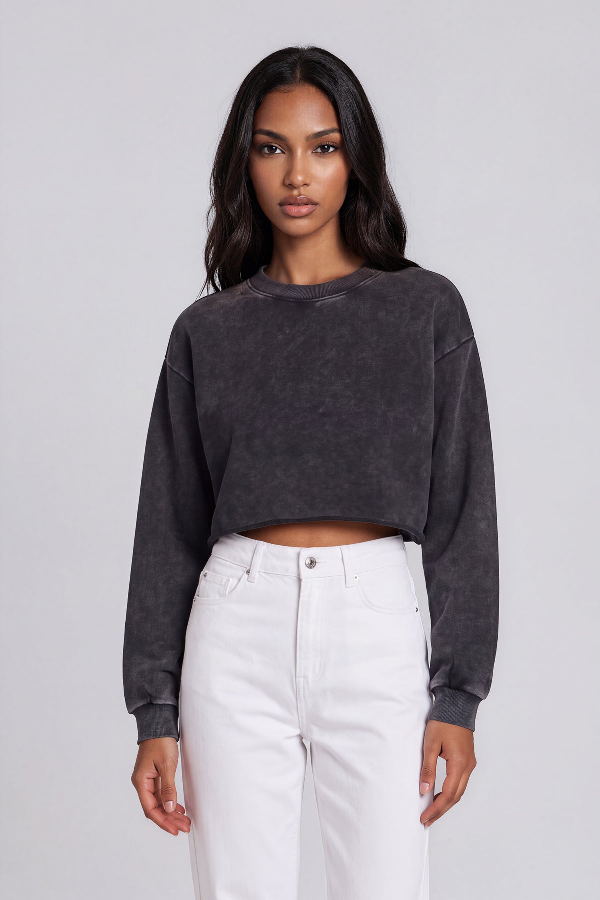 Snow Washed Raw Edge Cropped Sweatshirt - Black
