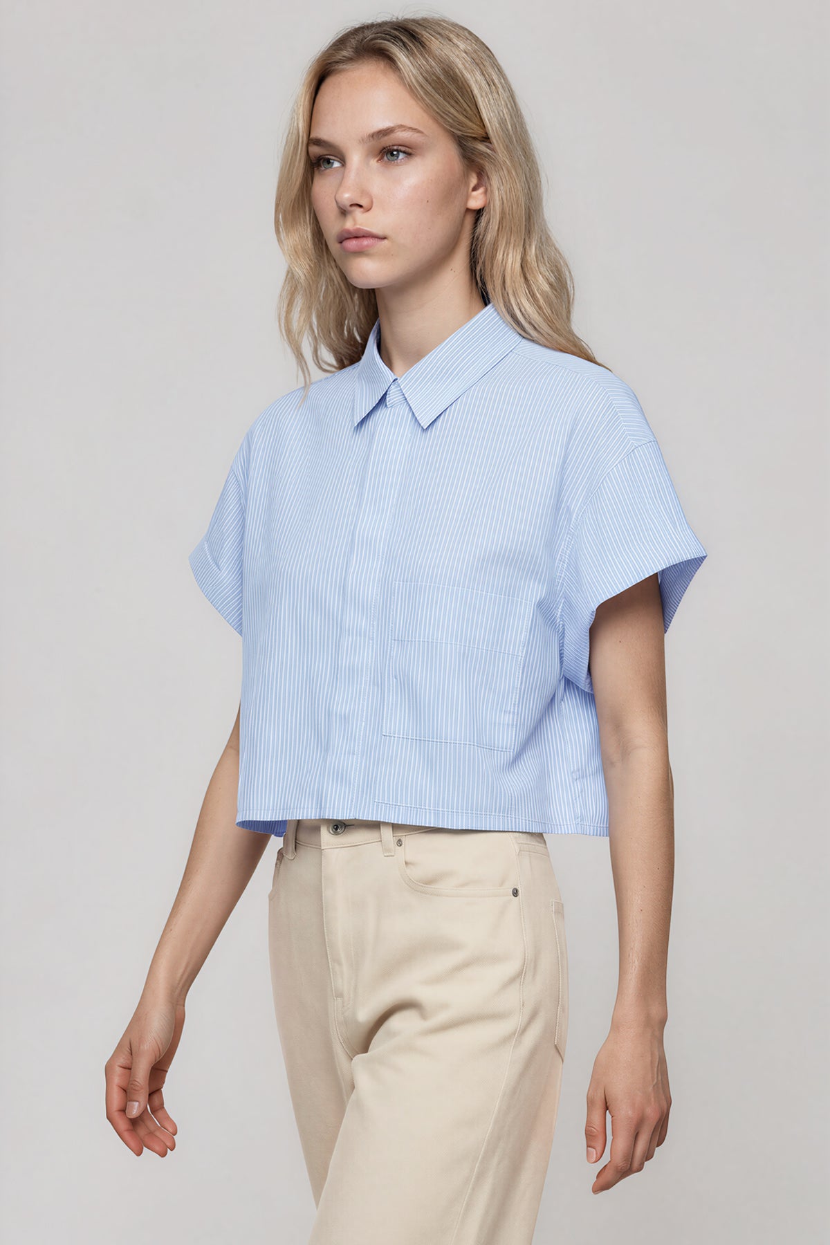 Striped Boxy Cropped Shirt - Blue