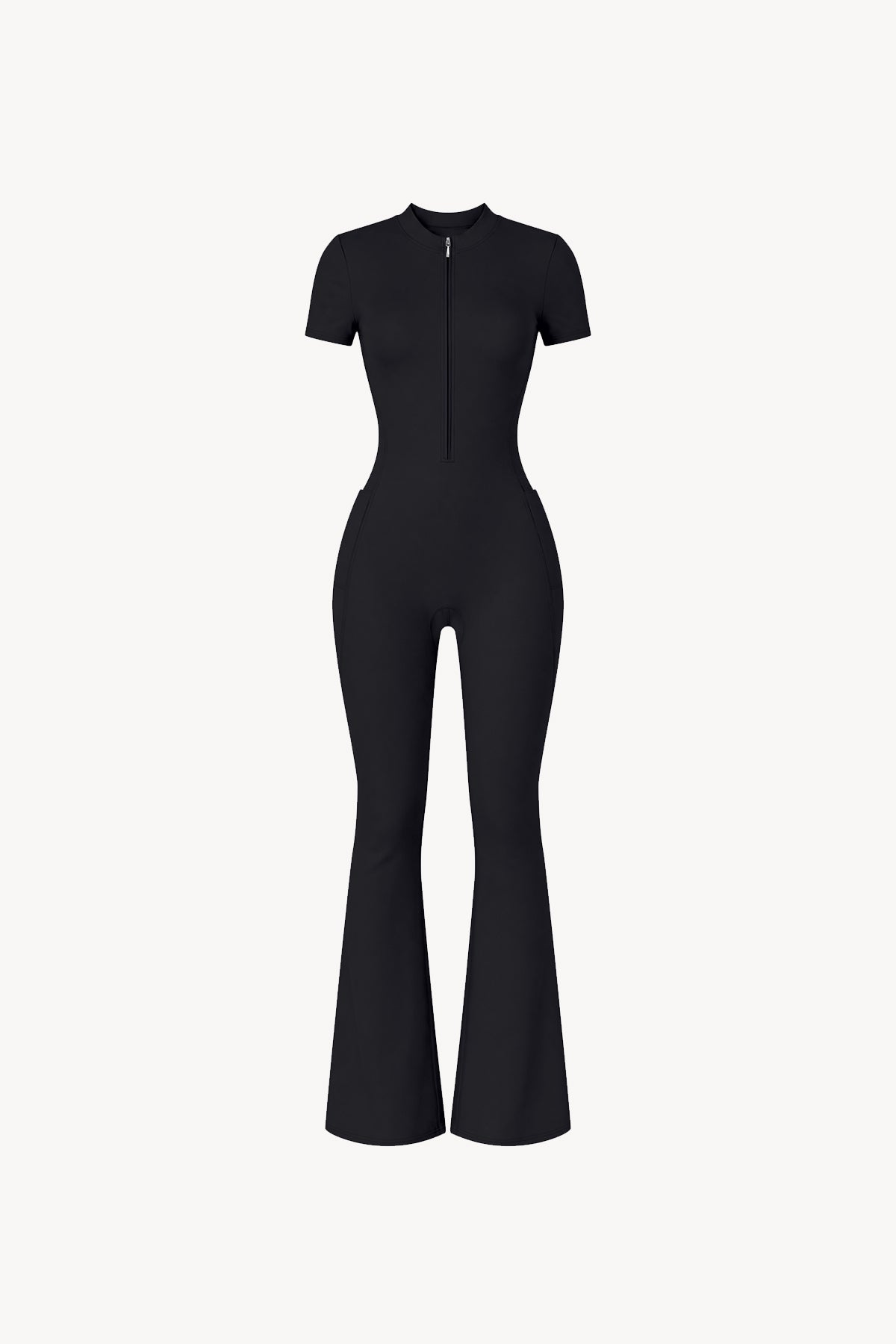 Tight Flared Leg Quarter-Zip Jumpsuit - Black