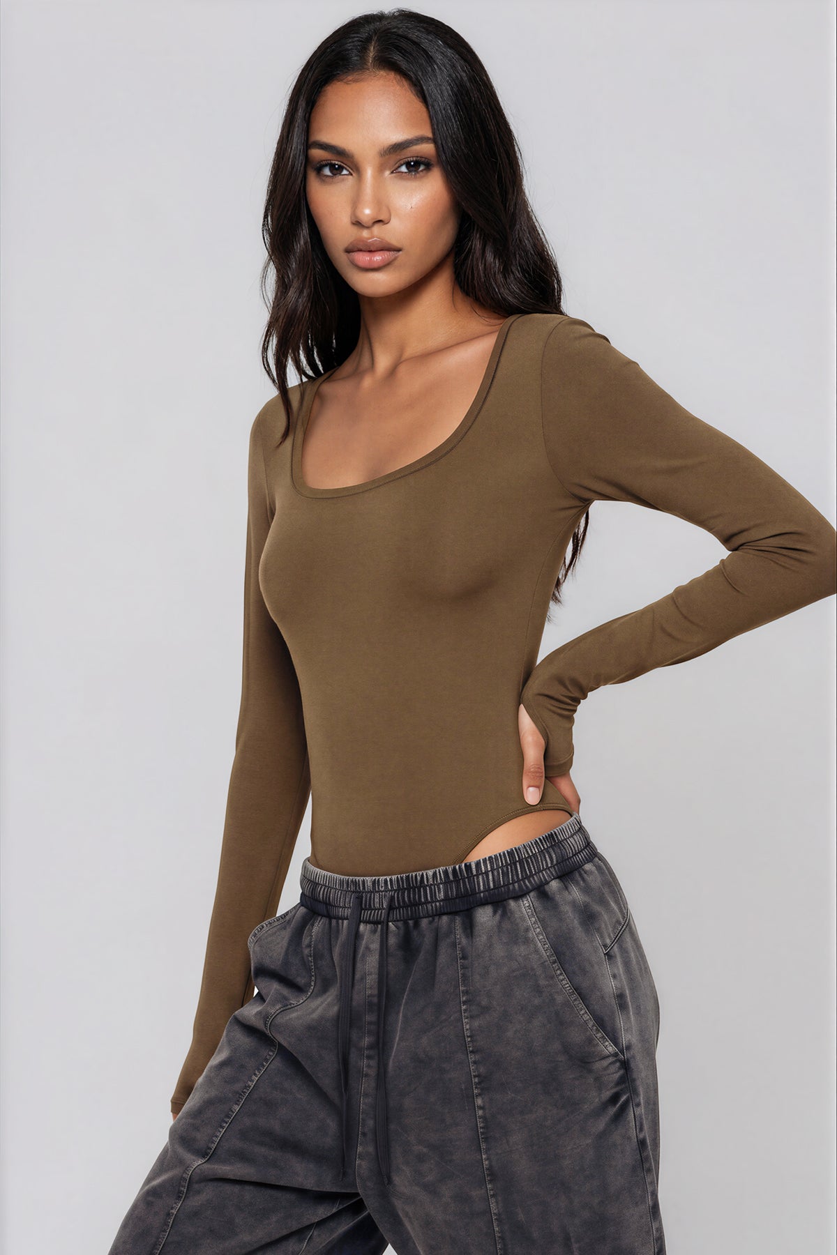 Tight Long Sleeve Bodysuit - Coffee