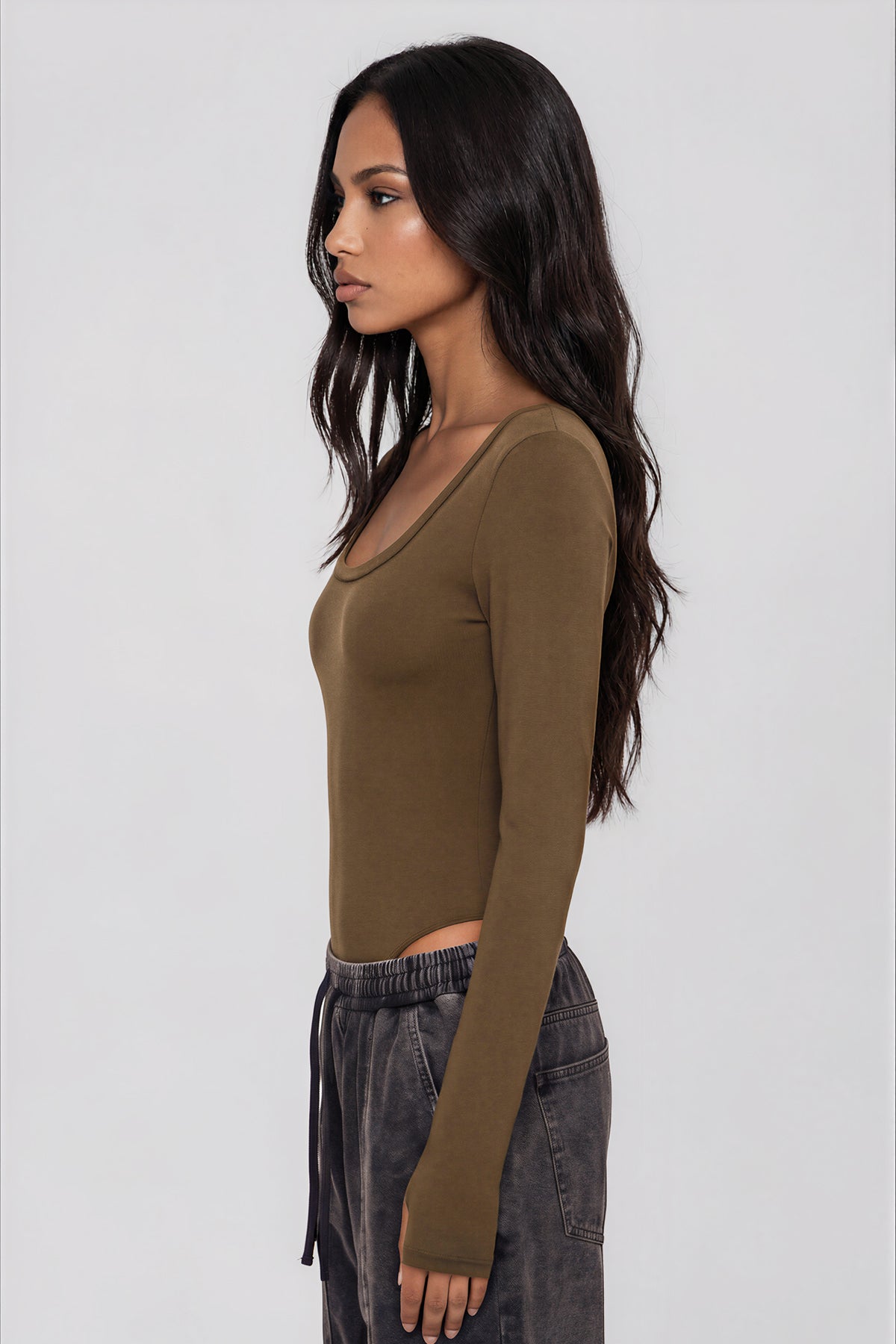 Tight Long Sleeve Bodysuit - Coffee
