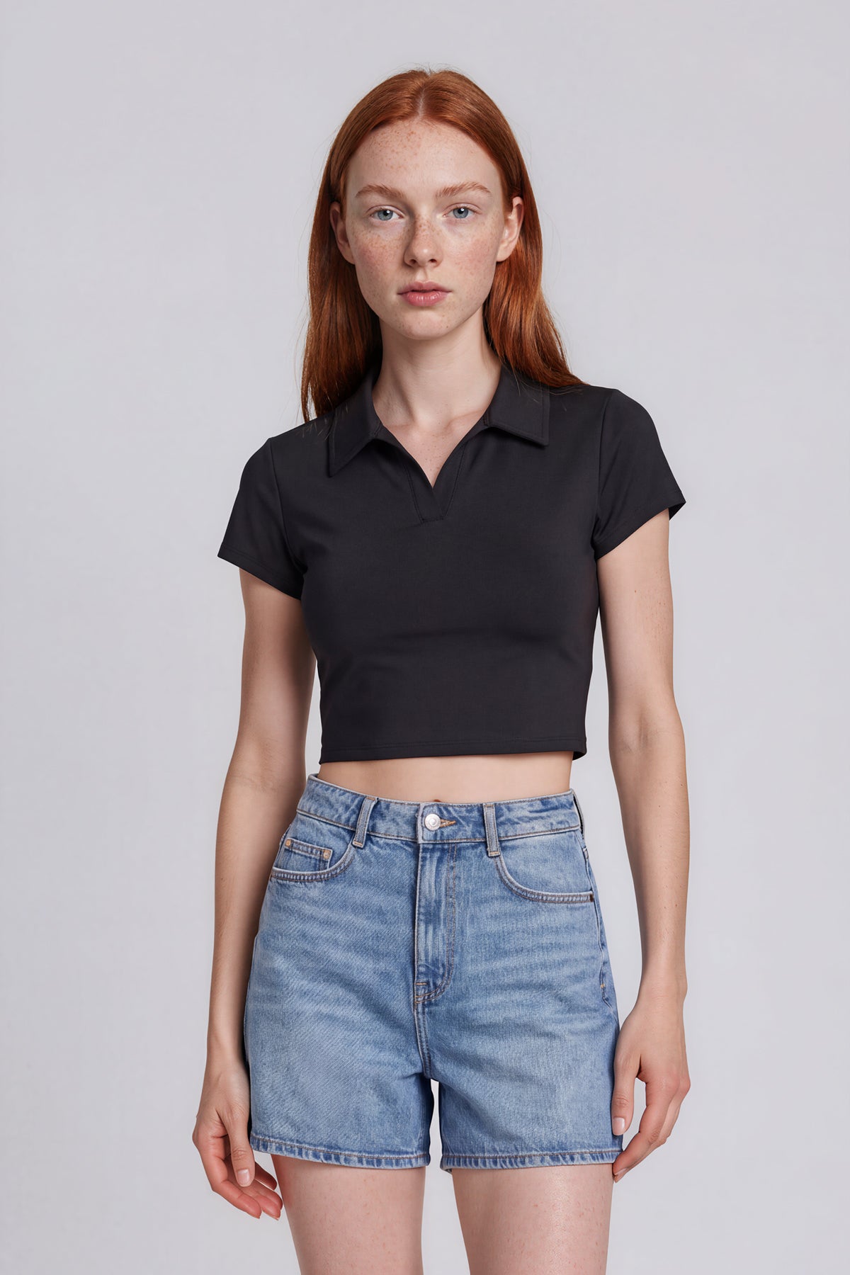 V-Neck Lapel Crop Top - Black