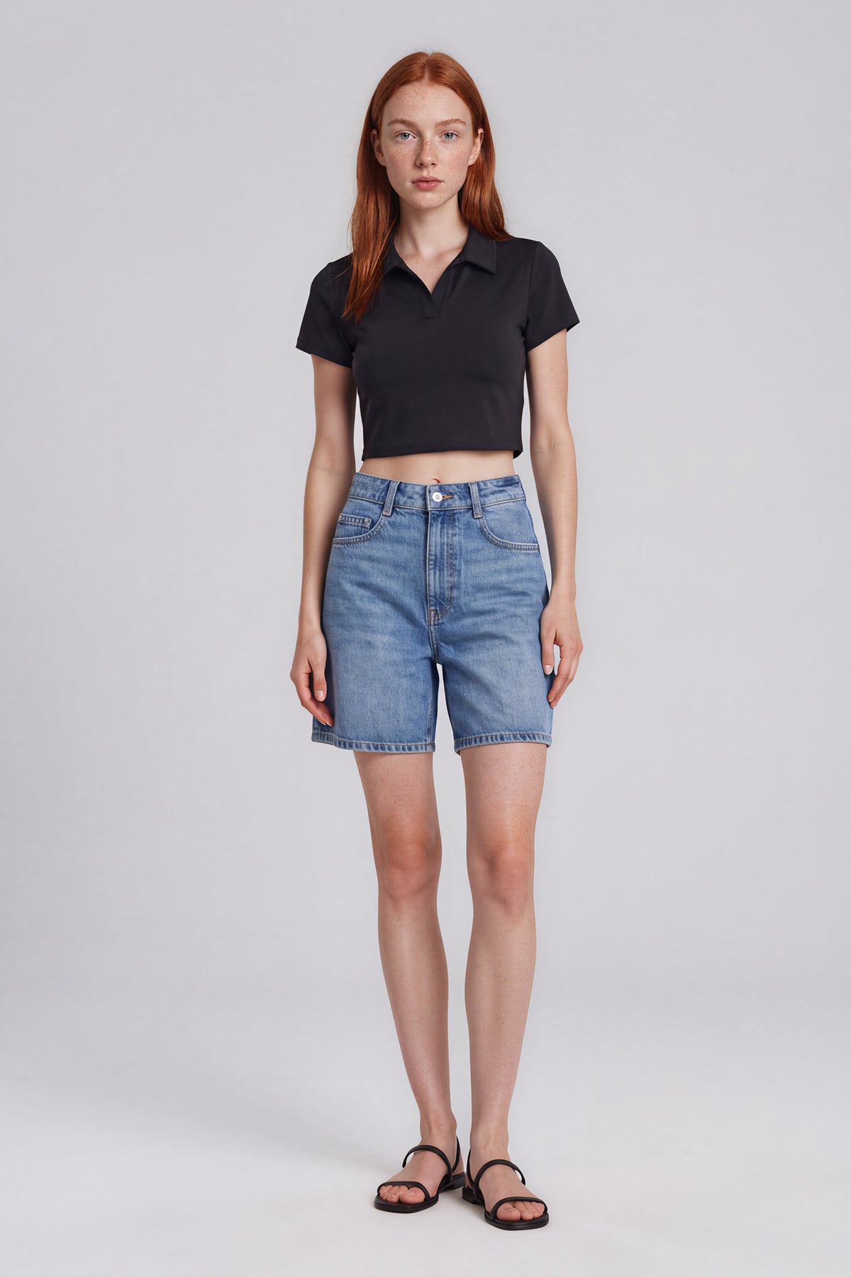 V-Neck Lapel Crop Top - Black