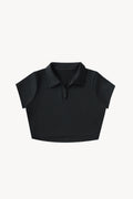 V-Neck Lapel Crop Top - Black