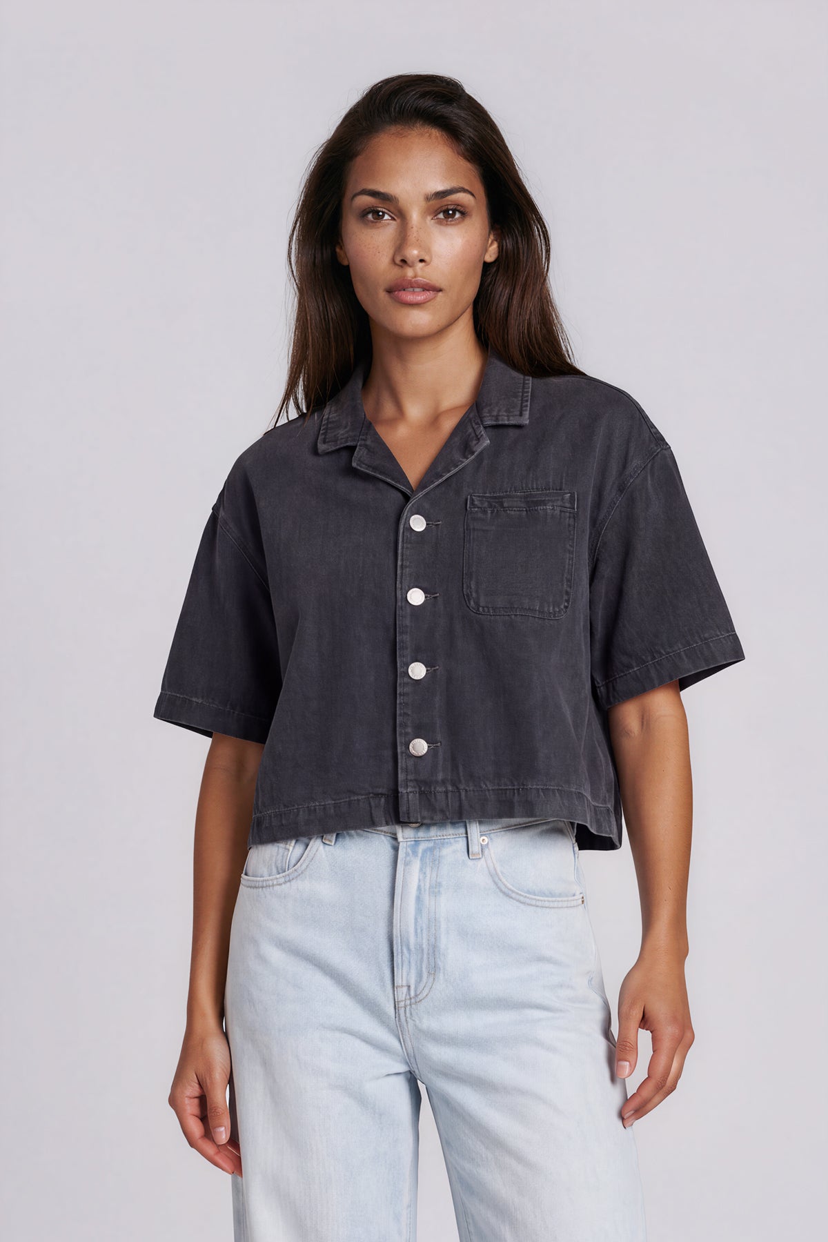 Vintage Wash Boxy Cropped Shirt - Black