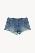 Vintage Wash Raw Hem Denim Shorts - Blue