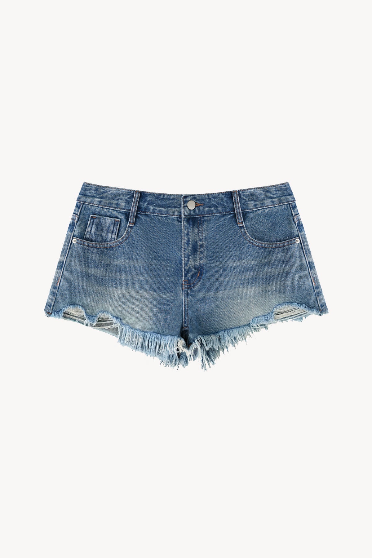 Vintage Wash Raw Hem Denim Shorts - Blue