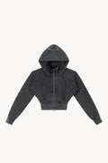 Vintage Washed Cropped Fleece Hoodie - Black
