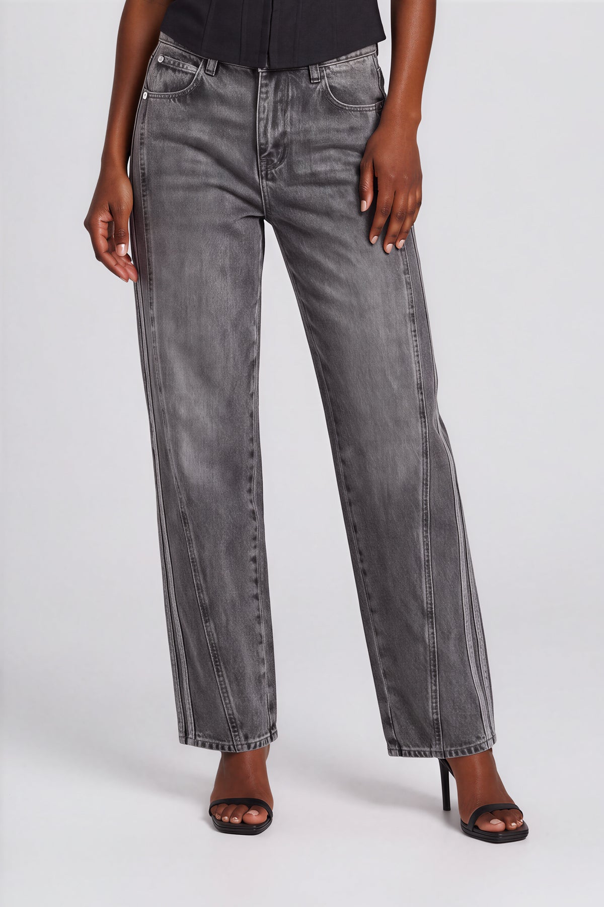 Wide Leg Striped Denim Jeans - Black