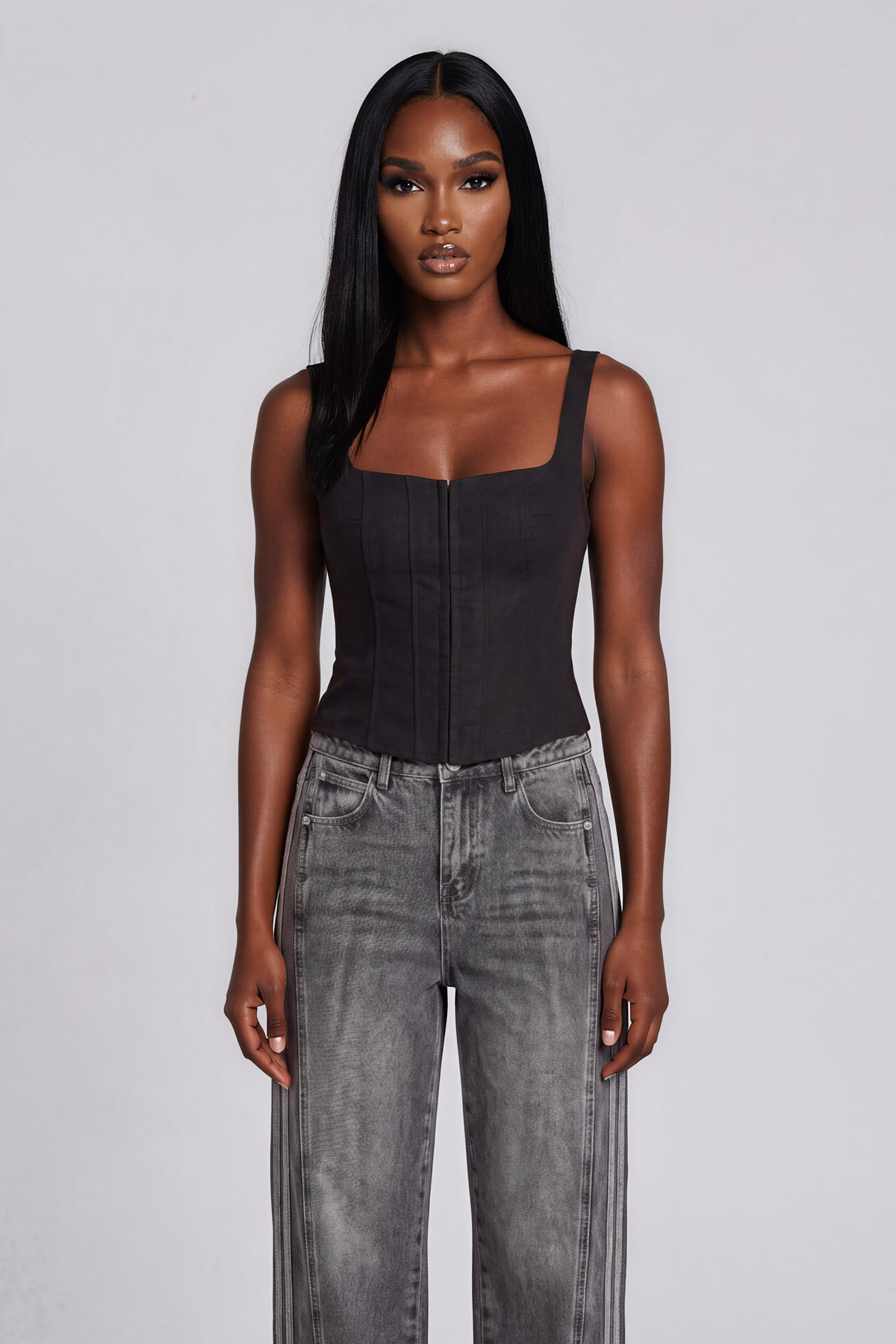 Wide Leg Striped Denim Jeans - Black