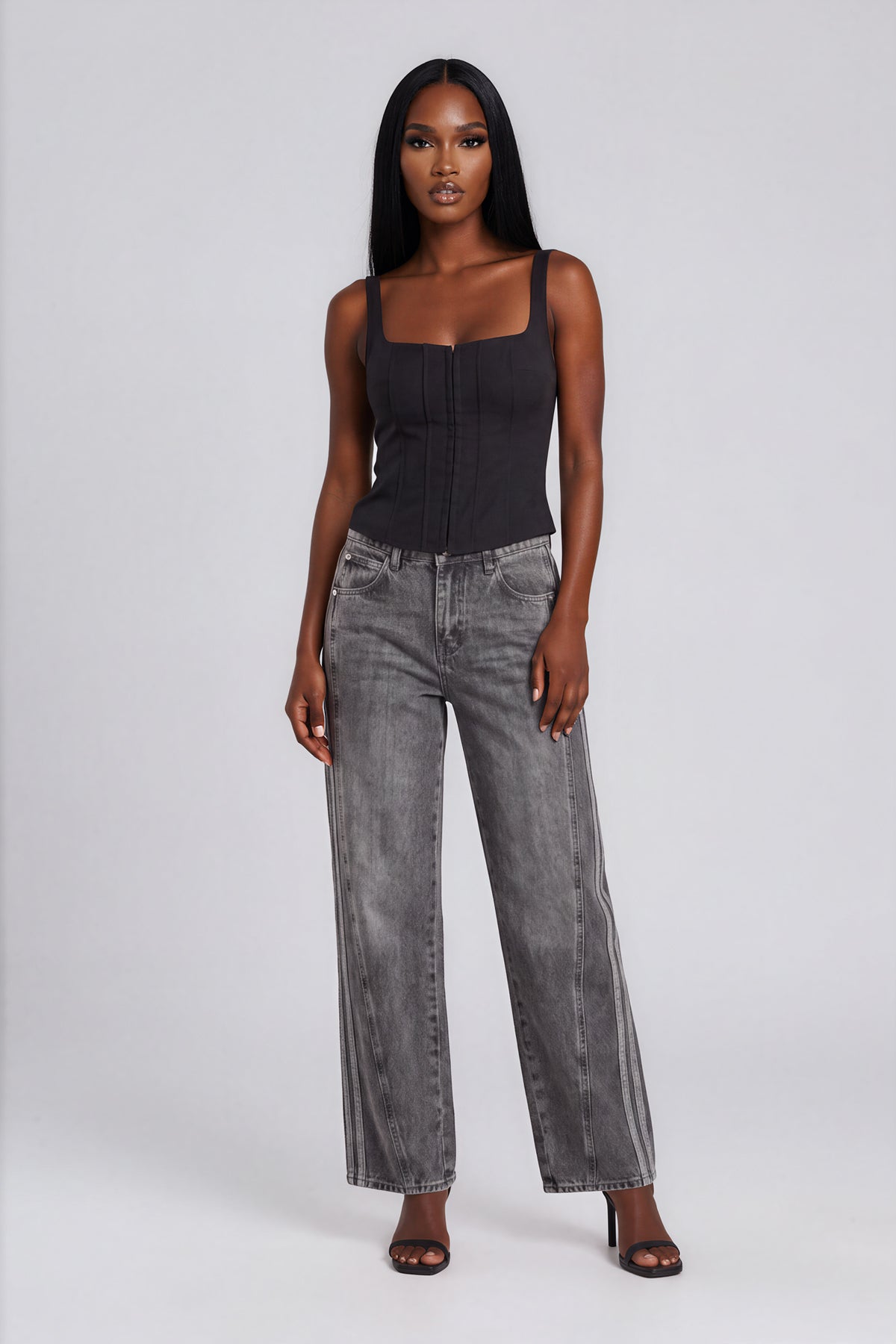 Wide Leg Striped Denim Jeans - Black
