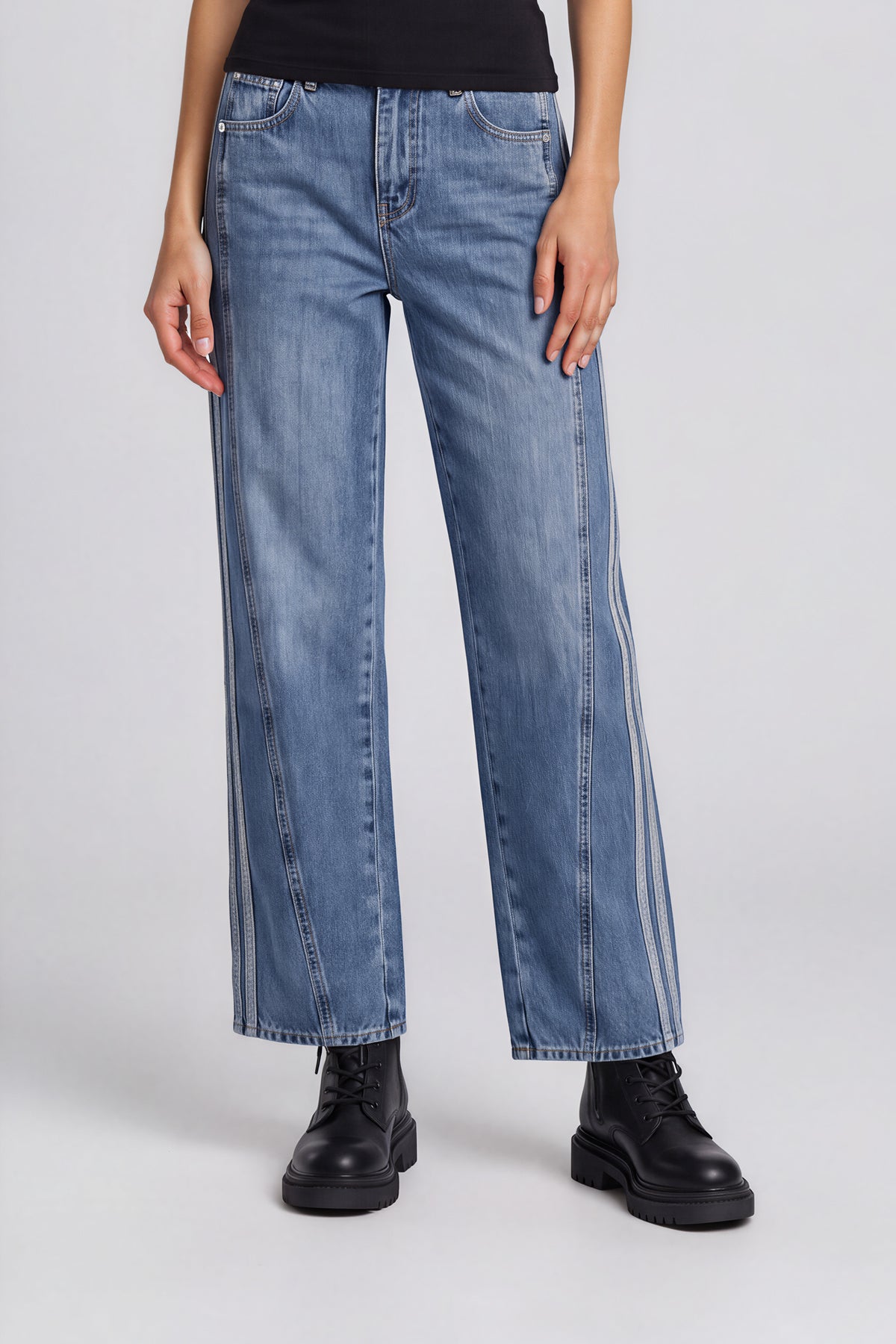 Wide Leg Striped Denim Jeans - Blue