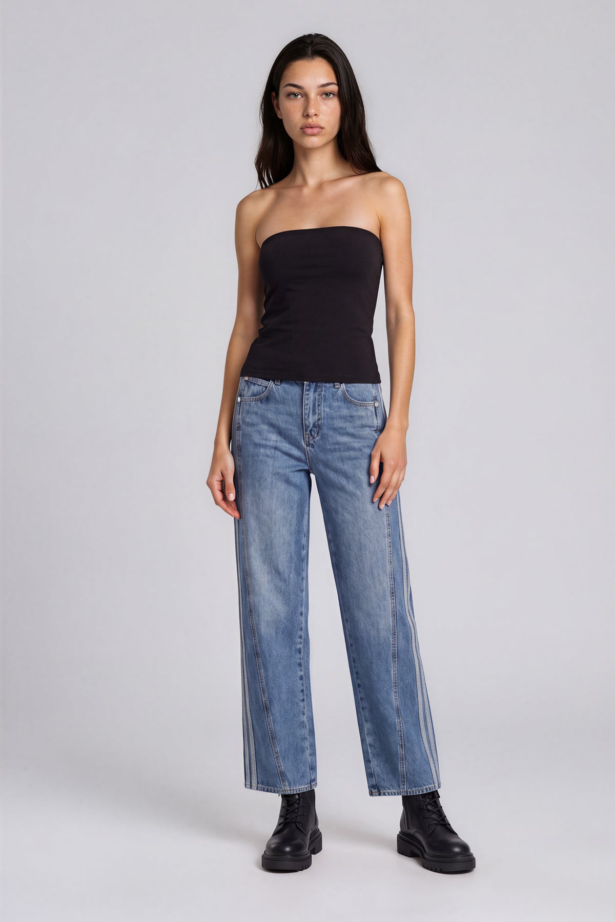 Wide Leg Striped Denim Jeans - Blue