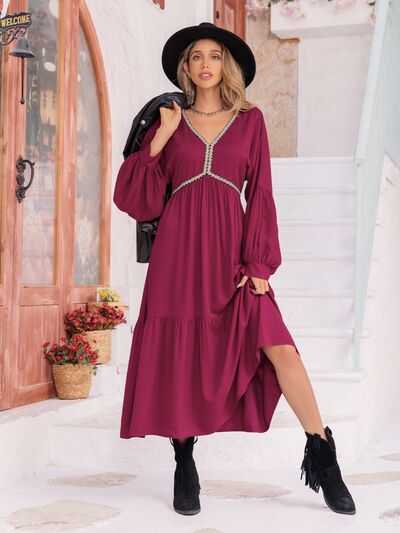 Ava V-Neck Lantern Sleeve Midi Dress