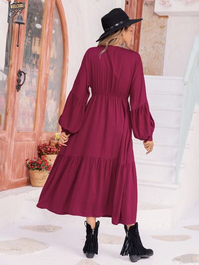 Ava V-Neck Lantern Sleeve Midi Dress